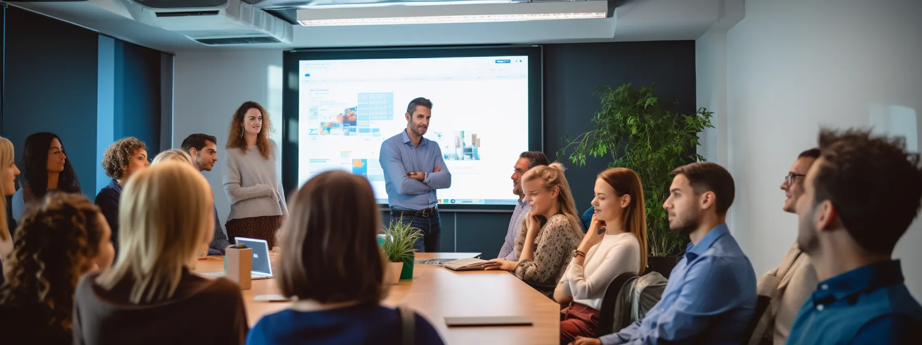 a group of people in a classroom setting, listening attentively to a teacher discussing on-page seo strategies.