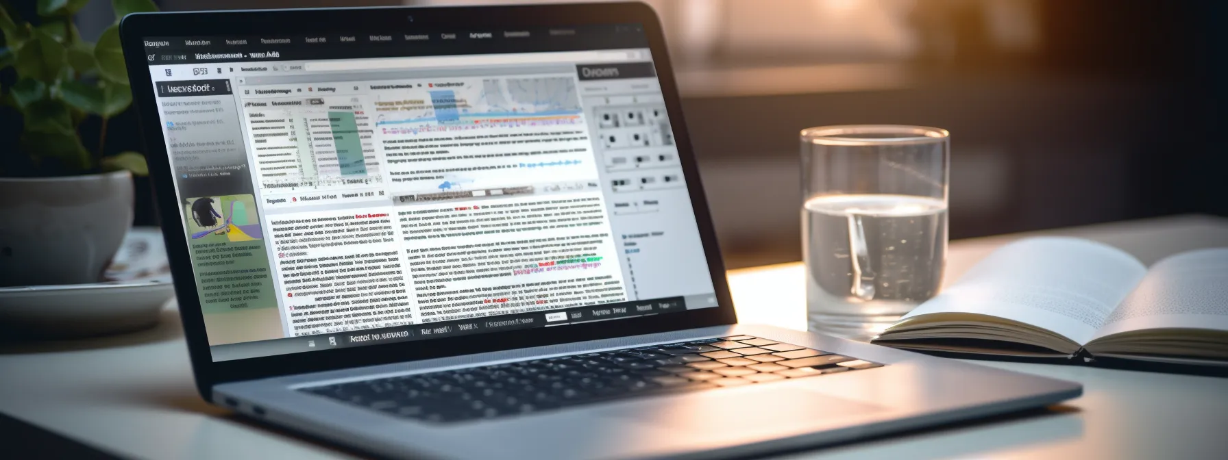 a person studying seo with a laptop and keywords displayed on the screen.