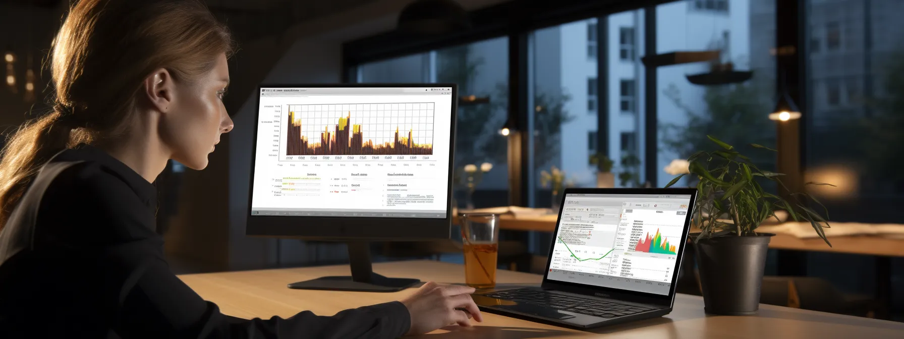 a person sitting at a computer, analyzing google analytics data for seo campaigns.