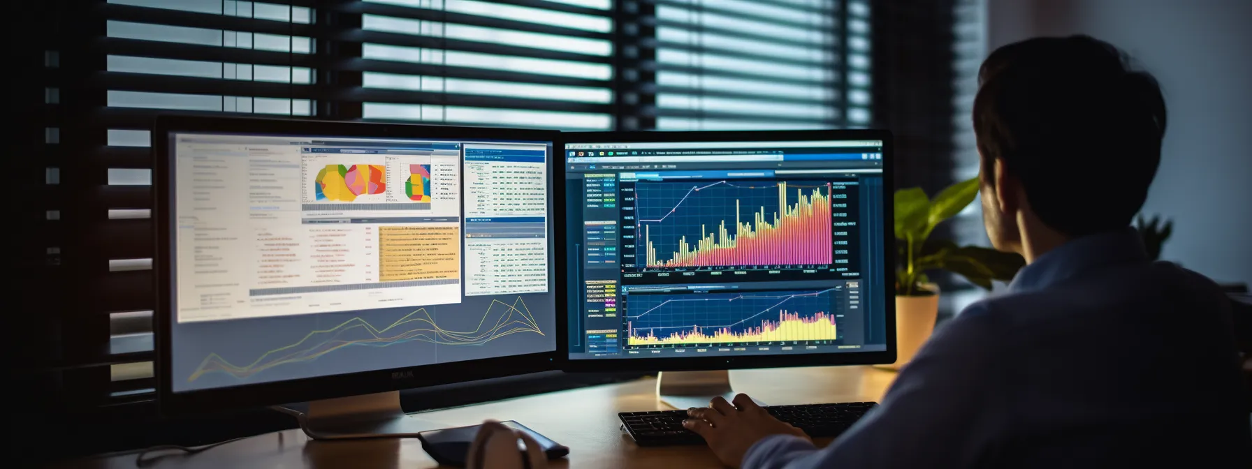 a person is studying and analyzing data on a computer screen, surrounded by notes and charts, in order to improve their website's search engine optimization.