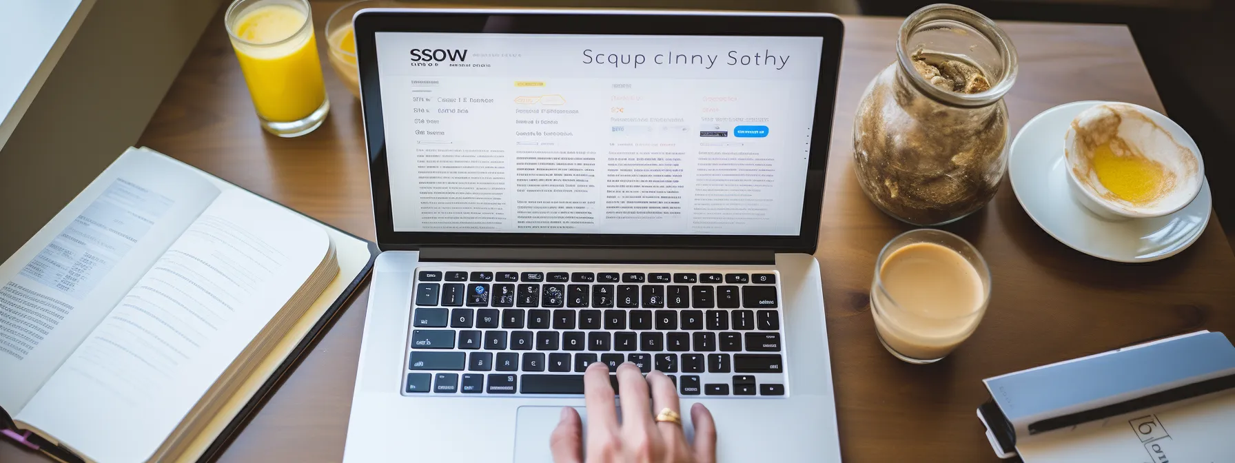 a person studying seotheory website on their laptop, surrounded by books and notes on seo strategies.