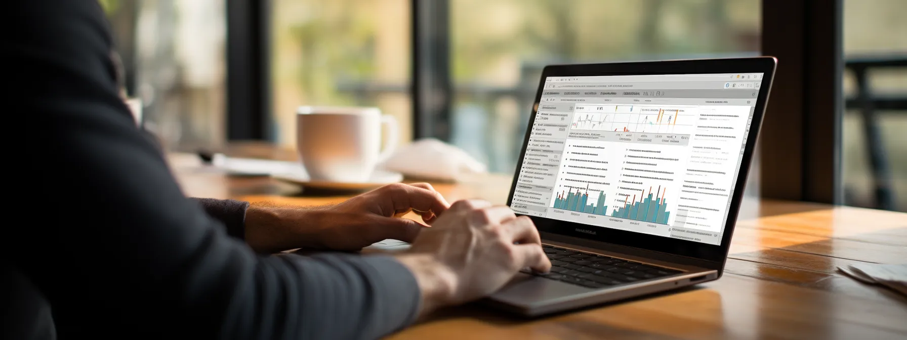 a person using a laptop to perform keyword research, with a table displaying terms and descriptions related to seo and keyword research.