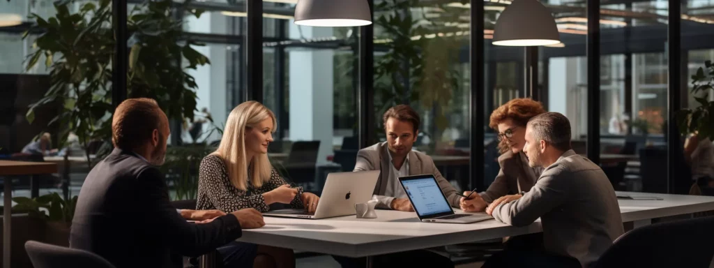 a group of professionals studying and discussing seo strategies at a prestigious institute.