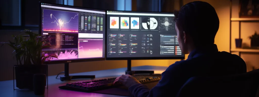 a person sitting in front of a computer, engrossed in a digital sales course with various seo topics displayed on the screen.