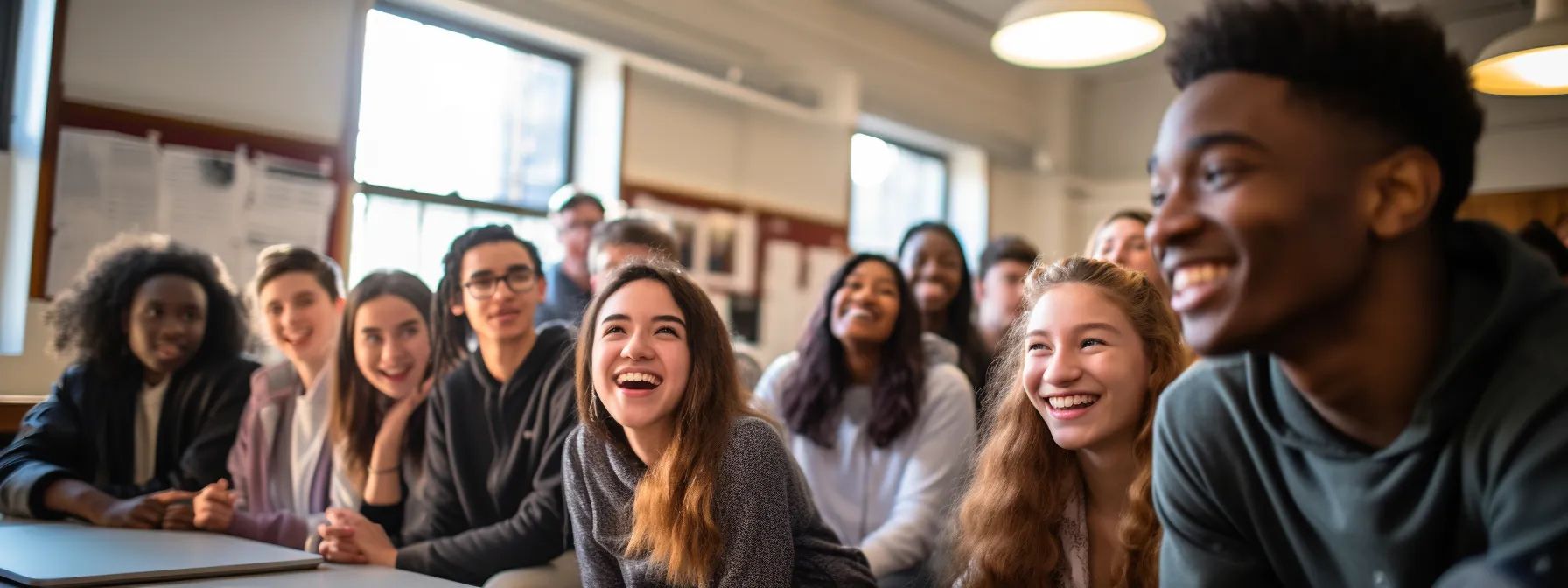 a group of students sit in a classroom, attentively listening to a teacher explain on-page seo techniques.