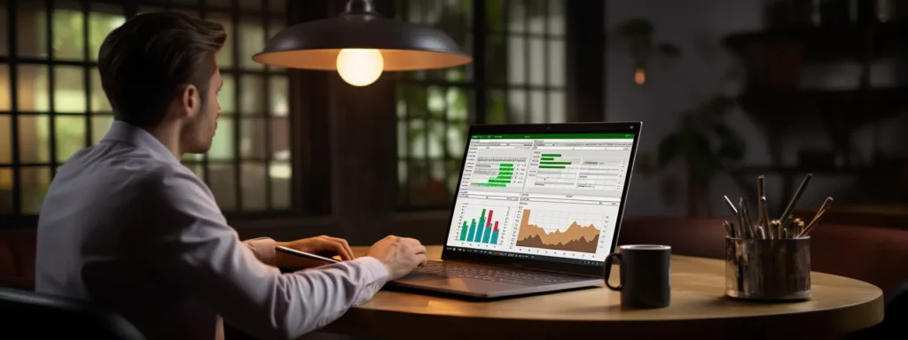 a person sitting at a desk with a computer, notebook, and coffee, studying the google analytics 4 certification guide.