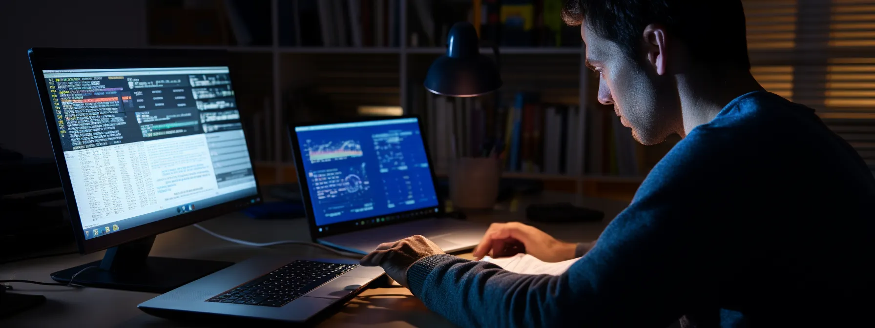 a person studying at a computer, with seotheory website open and taking notes on a study schedule.