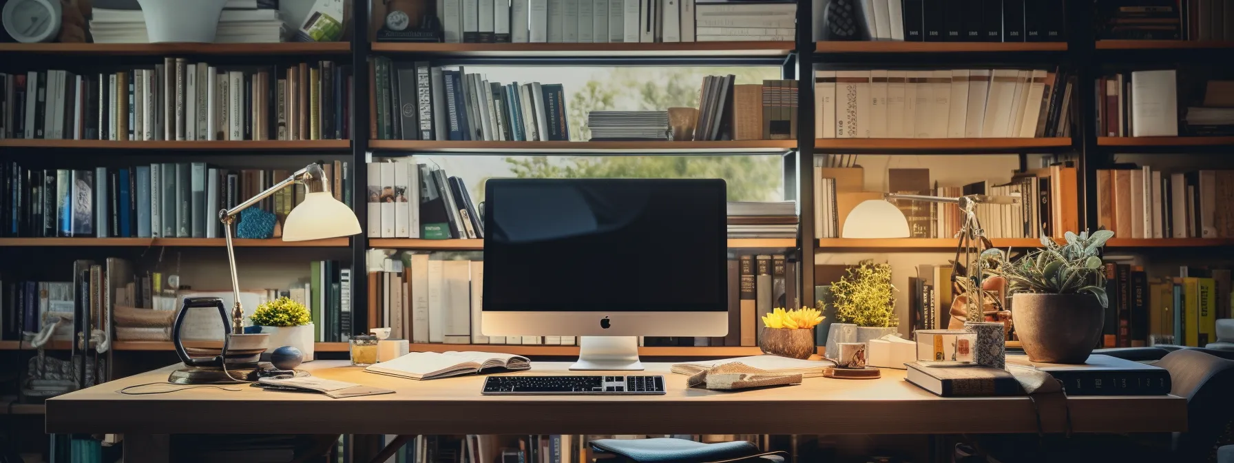 a person sitting at a desk, surrounded by books and a computer, studying and implementing seo strategies.