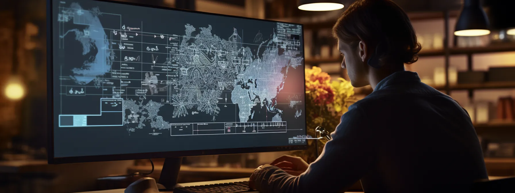 a person studying a detailed diagram of search engine crawlers and bots in front of a computer screen.
