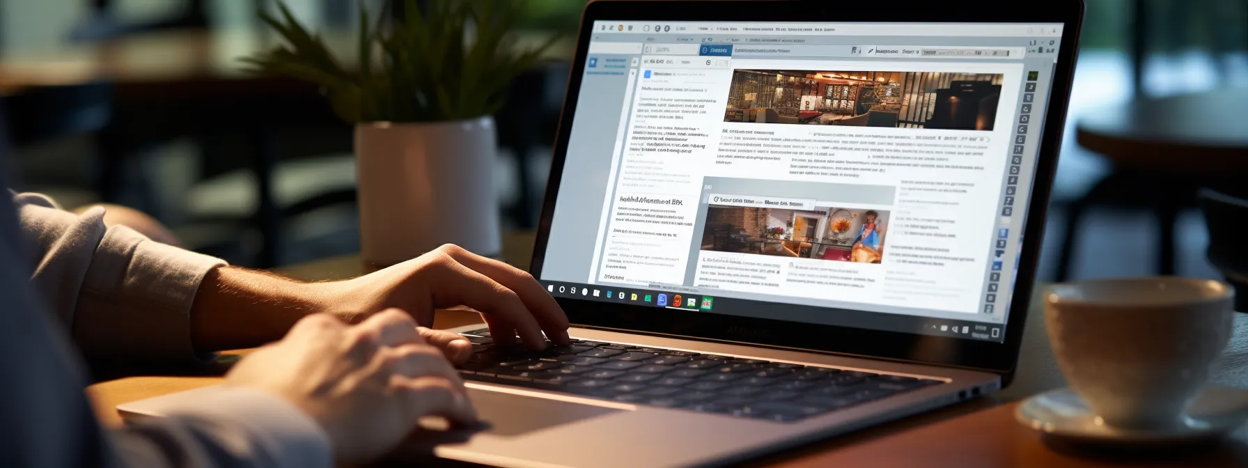 a person holding a laptop open with the seotheory website displayed on the screen, surrounded by a notebook, a pen, and a cup of coffee.
