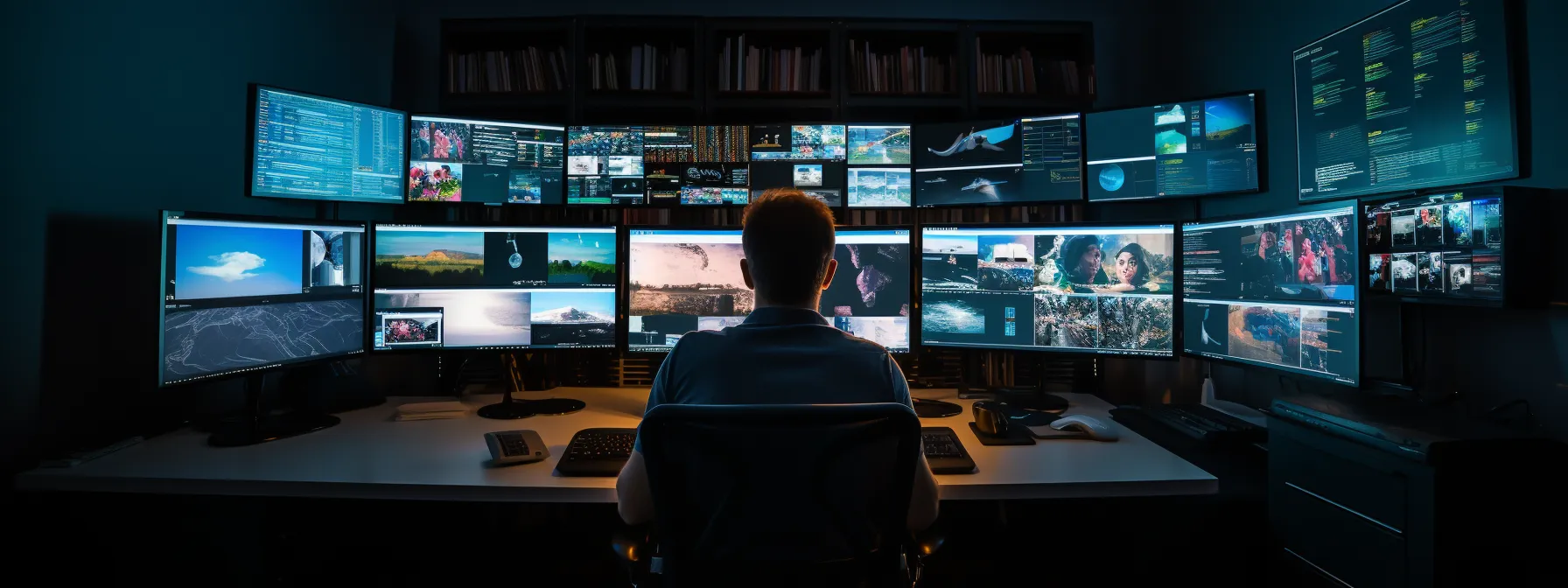 a person sitting at a desk surrounded by multiple computer screens, working on a content strategy and building backlinks for an e-commerce website.