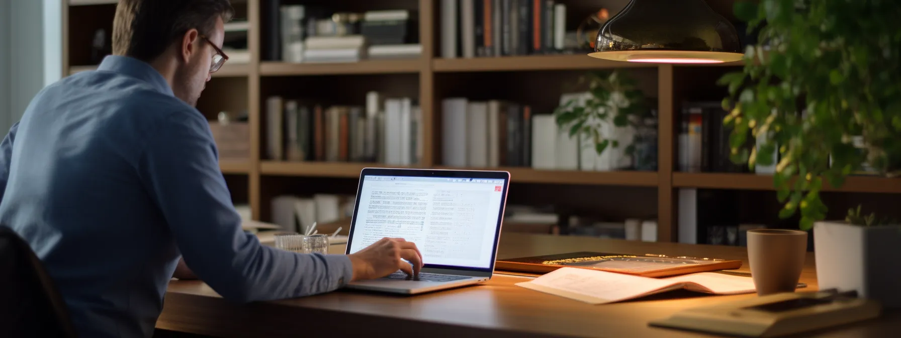 a person studying seotheory's advanced seo course, surrounded by books and using a laptop.