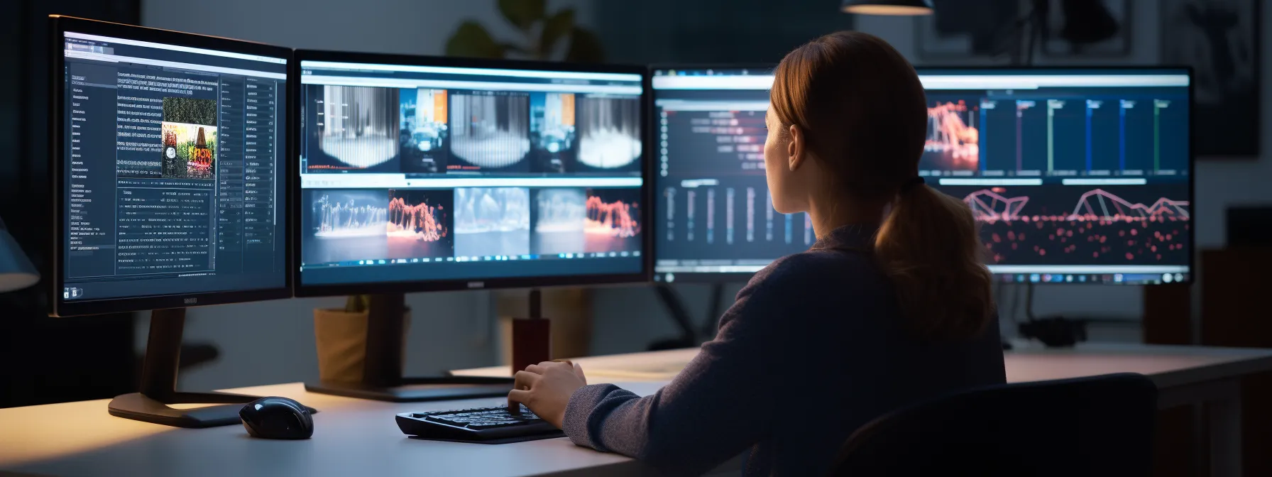a person sitting at a desk, studying seo concepts on a computer screen.