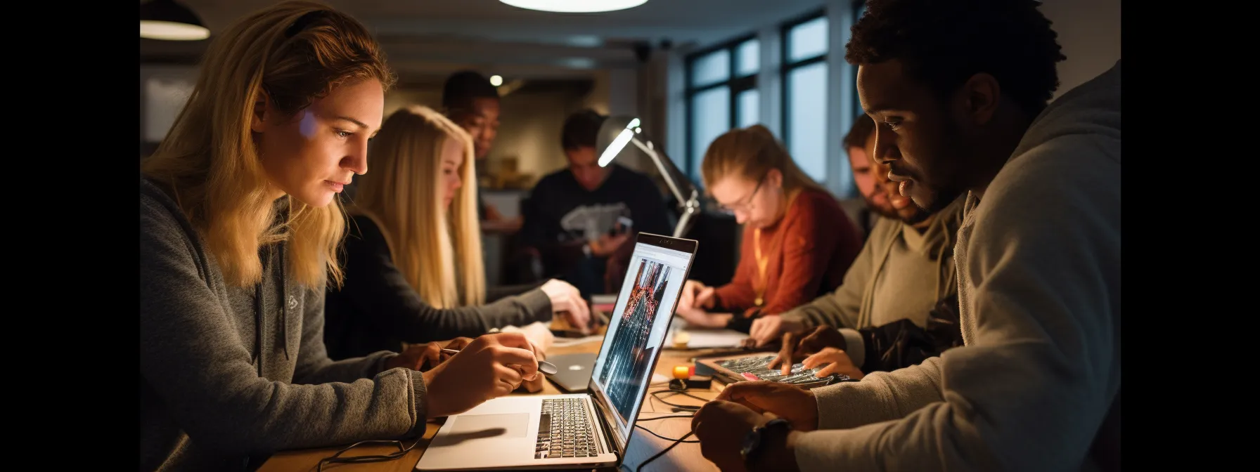 a group of students working together in a classroom, focused on their screens and engaged in the intermediate seo training course.