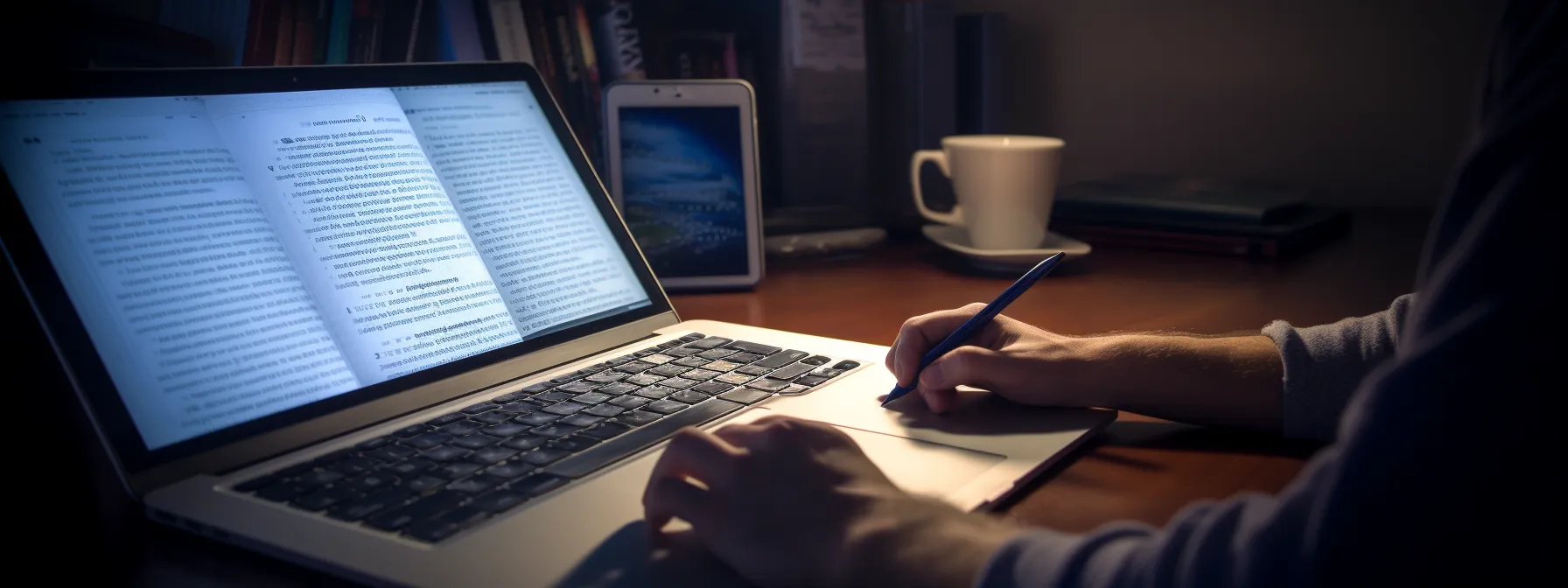 a person reading an seotheory book, surrounded by a laptop, notebook, and pen, absorbed in learning seo techniques.