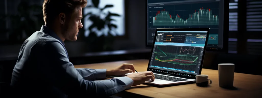 a person sitting at a desk with a laptop and various analytics charts and graphs displayed on the screen.