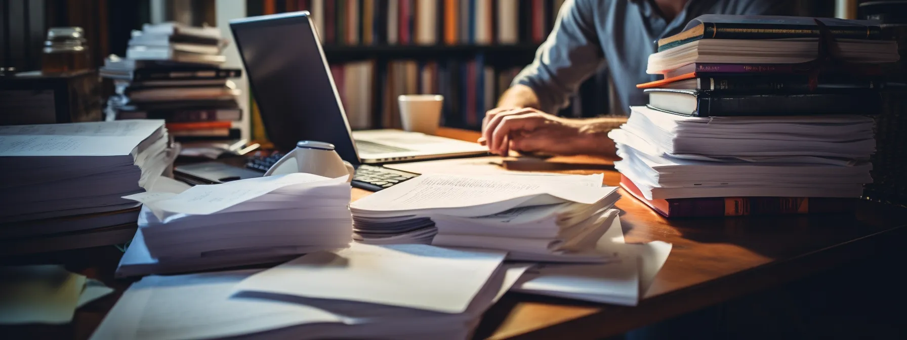 a person sitting at a desk, surrounded by books and papers, studying seo techniques.