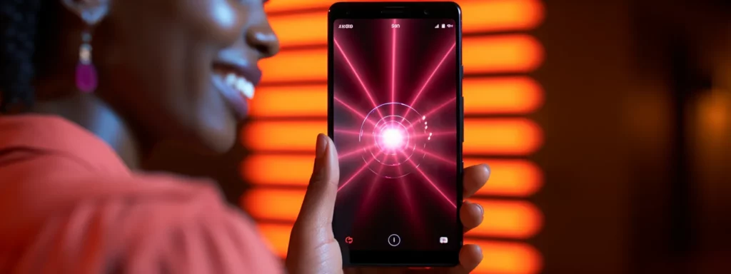 a person holding a smartphone and speaking into it, with a voice search result displayed on the screen.