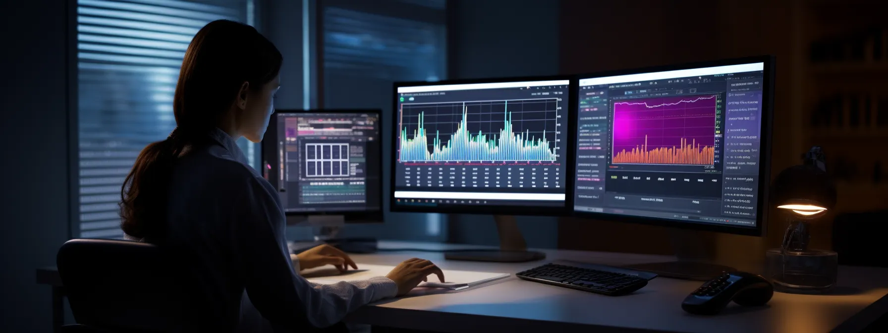 a person analyzing data on a computer screen with graphs and charts.