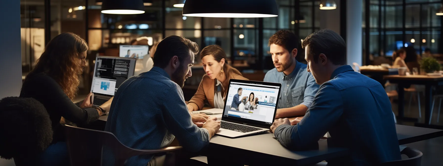 a group of people studying and discussing seo strategies at a computer workstation.
