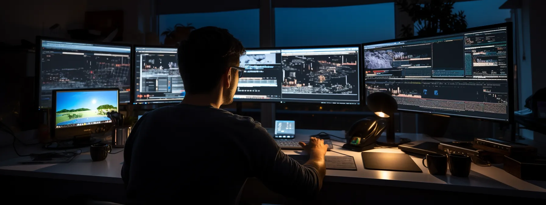 a person sitting at a desk, surrounded by computer screens and notebooks, studying seo techniques.