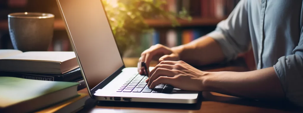 a person sitting at a desk, typing on a laptop with a notebook and pen beside them, surrounded by books on content marketing and seo.