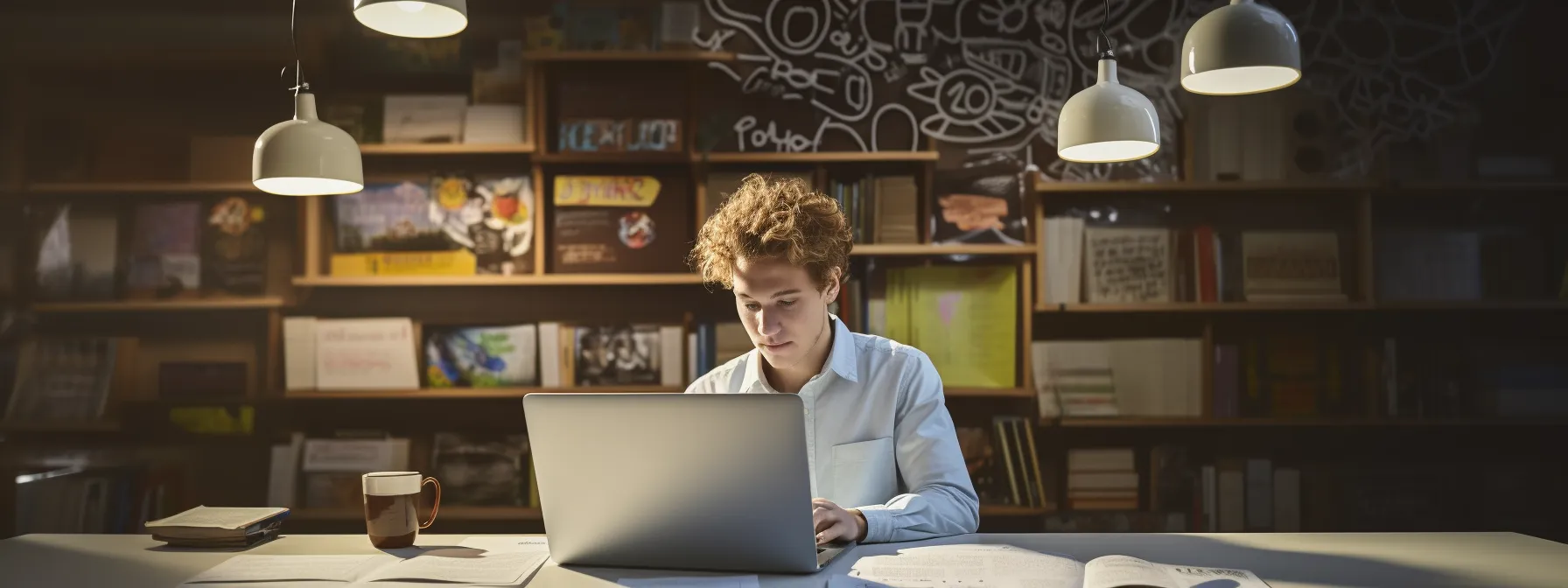 a person studying in a classroom, surrounded by books and a laptop, with a whiteboard behind them displaying keywords and seo strategies.