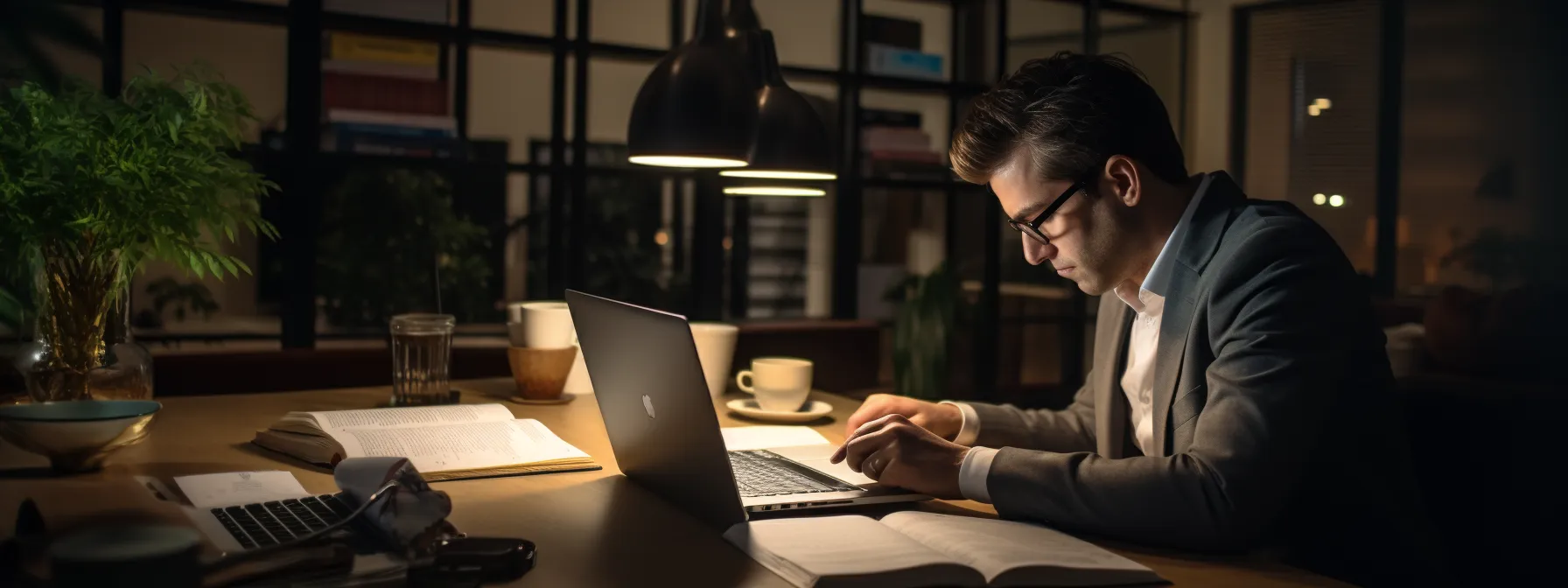 a person reading a seo book with a computer and notebook on the table.