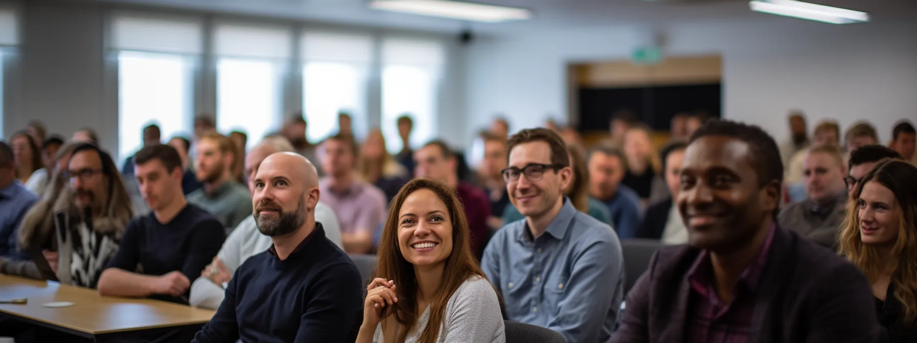 a group of people in a classroom, listening attentively to a lecture about mastering on-page and off-page seo techniques.