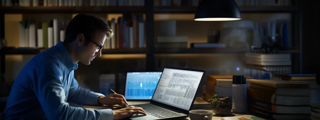 a person working at a desk with a laptop, surrounded by books and notebooks, with a screen showing seo-related metrics and strategies.