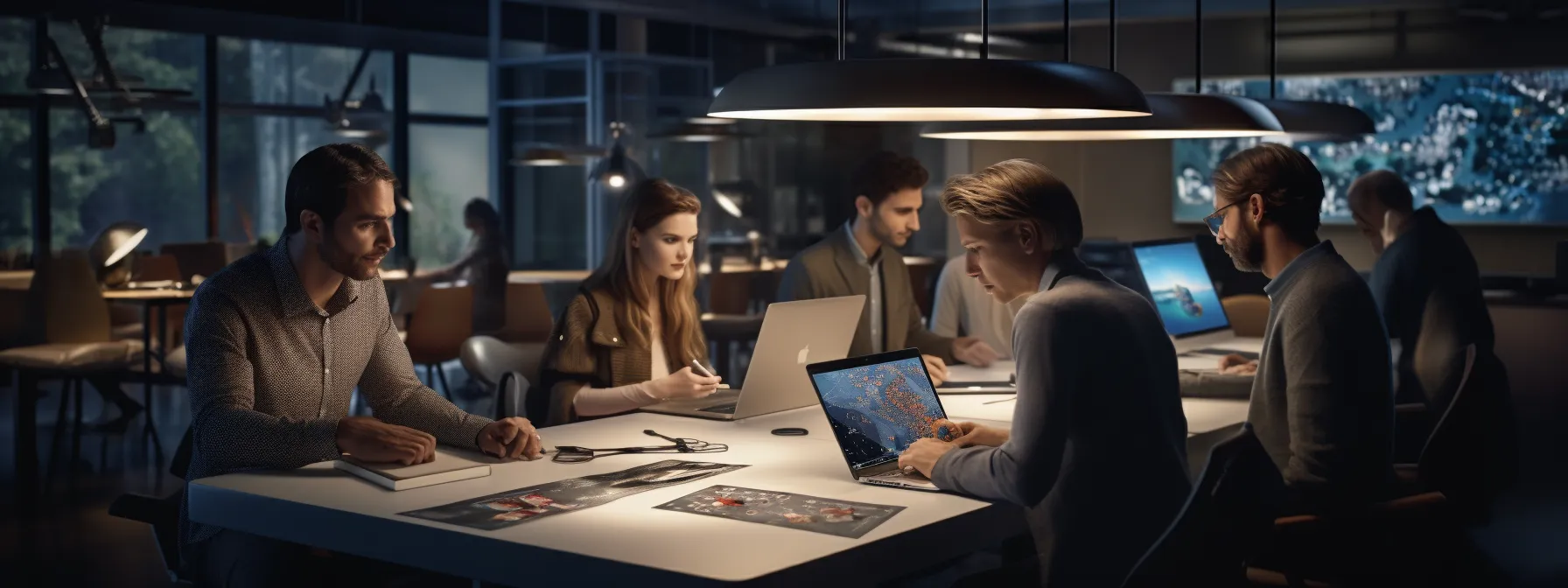 a group of digital marketers studying advanced seo techniques in a classroom setting.