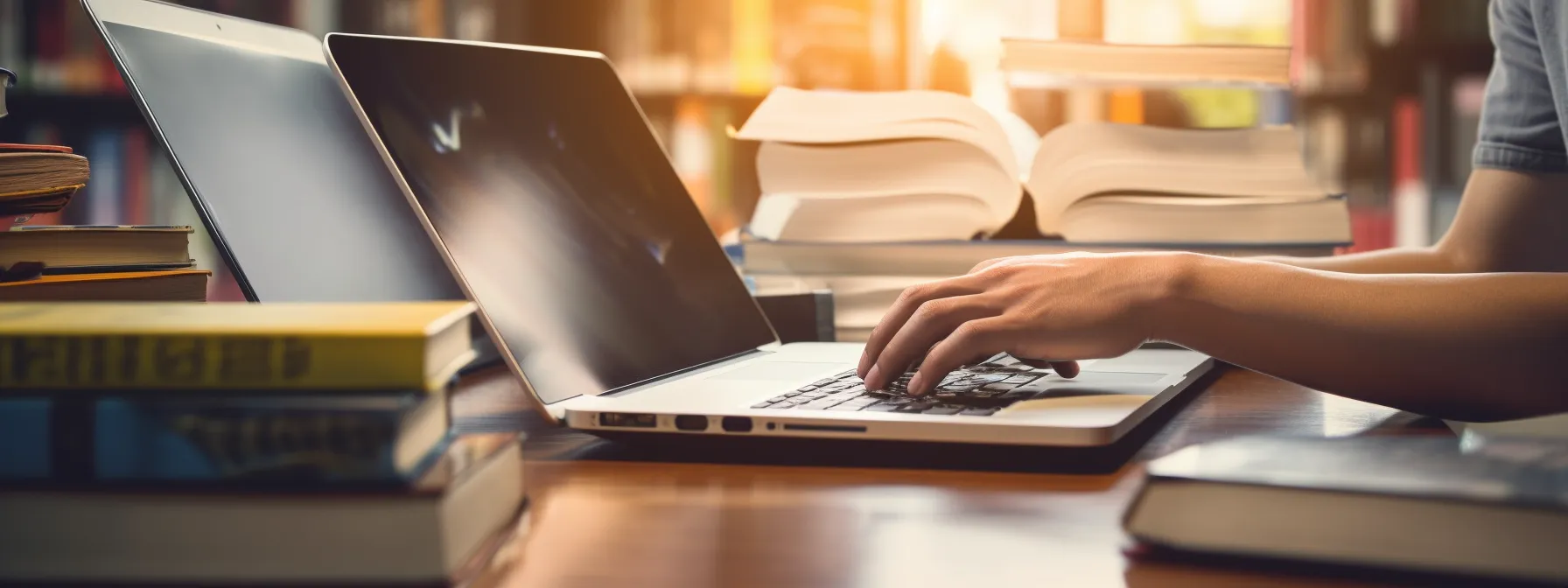a person typing on a laptop, surrounded by books and papers, with a stack of seo training course materials.