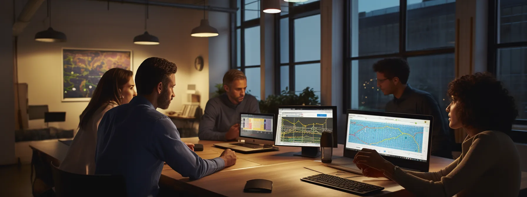 a group of seo professionals analyzing data and making strategic decisions in a high-tech office setting.