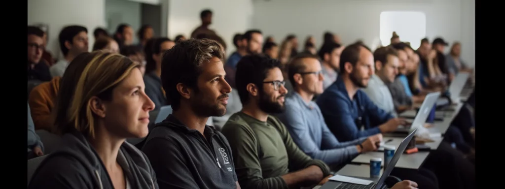 a group of individuals sitting in a classroom, attentively listening to a presentation on advanced mobile seo techniques.