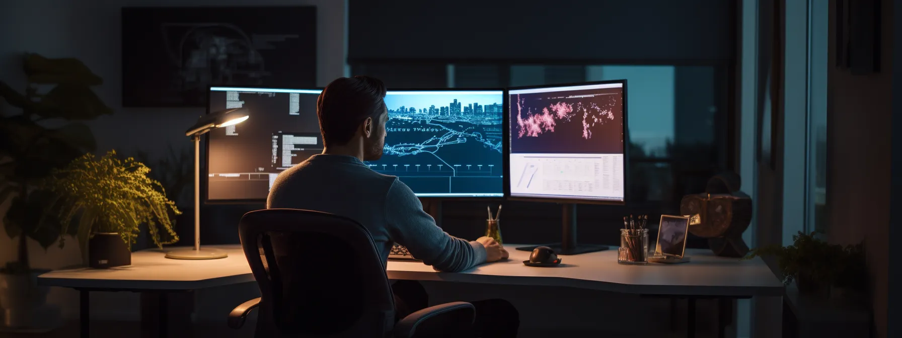a person sitting at a desk, looking at a computer screen with seo tools and keyword research data.
