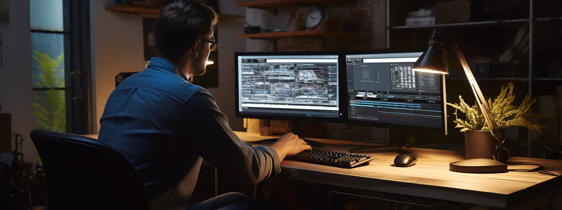 a person sitting at a computer, studying seotheory and optimizing their shopify store.