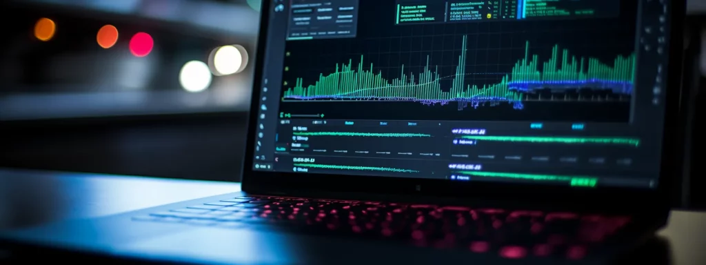 a close-up of a laptop screen showing a graph of website traffic analysis with various metrics and data displayed.