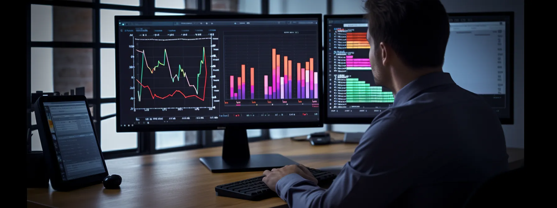 a person sitting at a computer, analyzing data on an analytics dashboard for seo training.