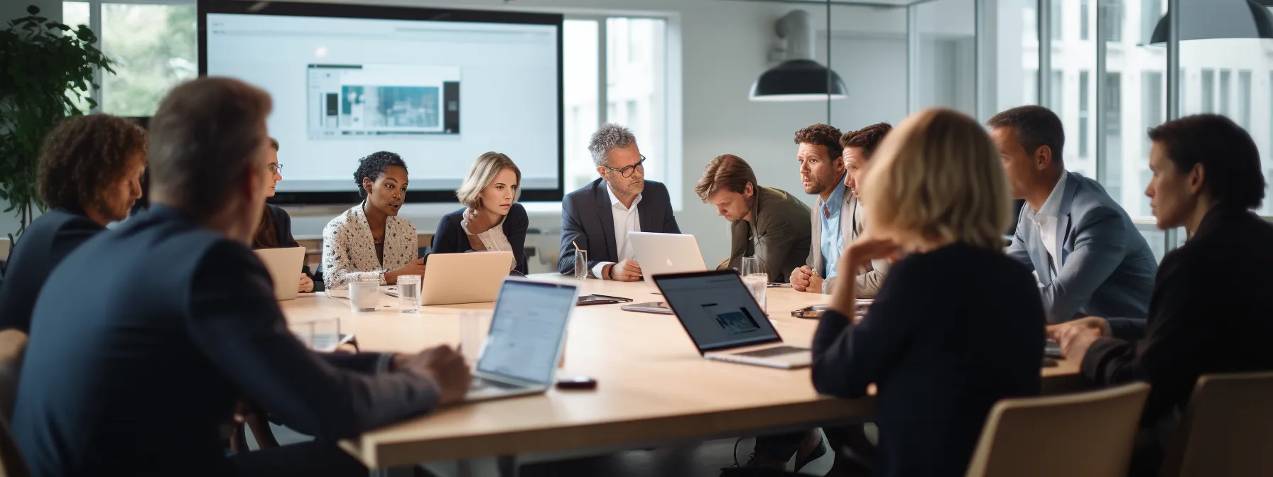 a group of professionals sitting in a classroom, attentively listening to a lecturer discussing voice search strategies.