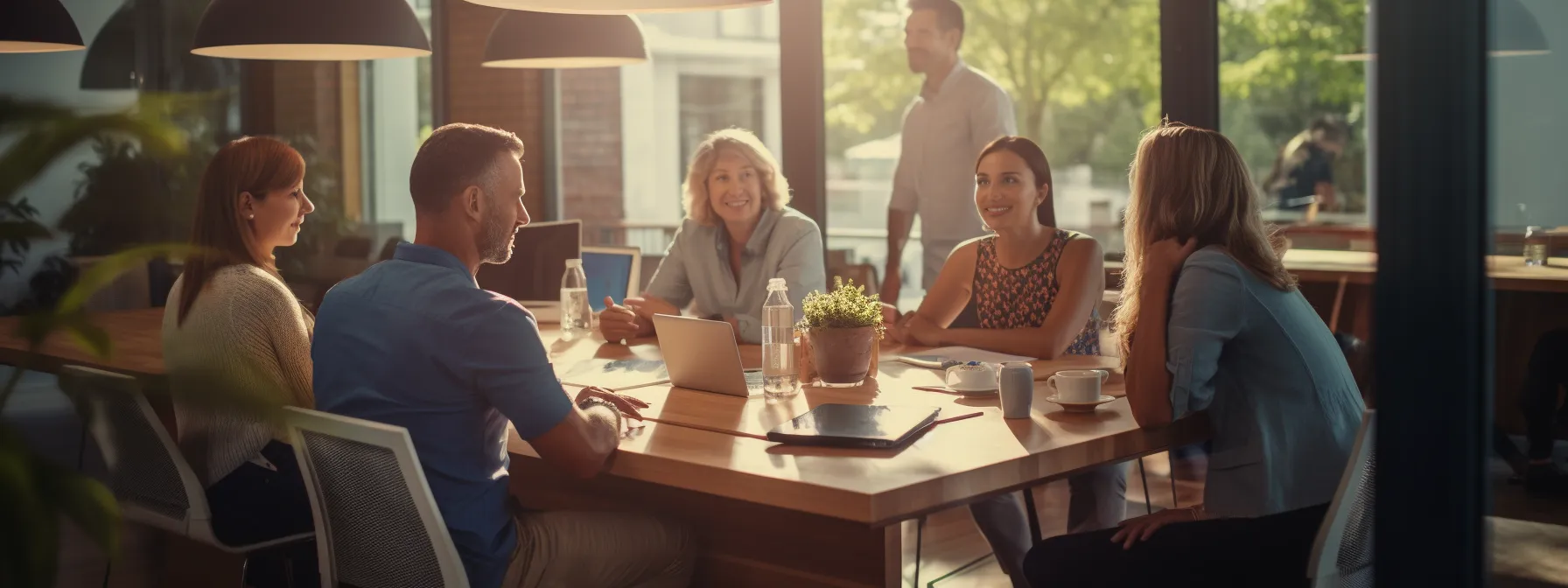 a group of marketers engaging in a lively discussion about google algorithms and seo rankings.
