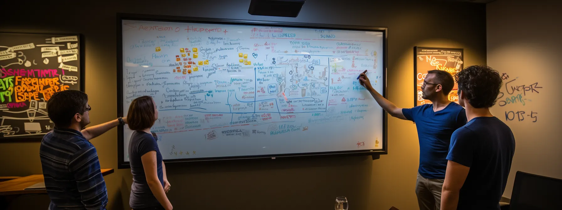 seo students brainstorming and discussing link building strategies with a whiteboard full of backlink techniques and social media integration ideas.