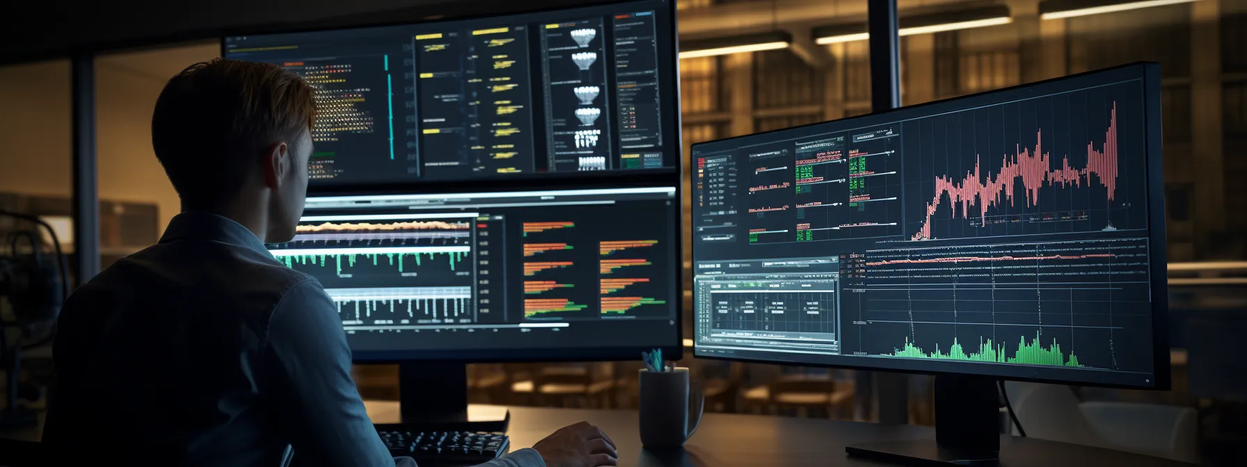 a person analyzing real-time data on an analytics platform, with multiple screens displaying conversion tracking metrics and graphs.