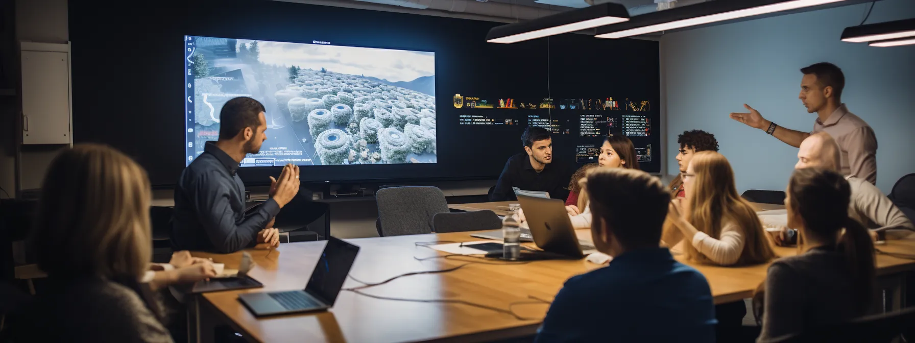 a group of students learning about link building techniques and seo strategies from the creator of searchatlas in a classroom setting.