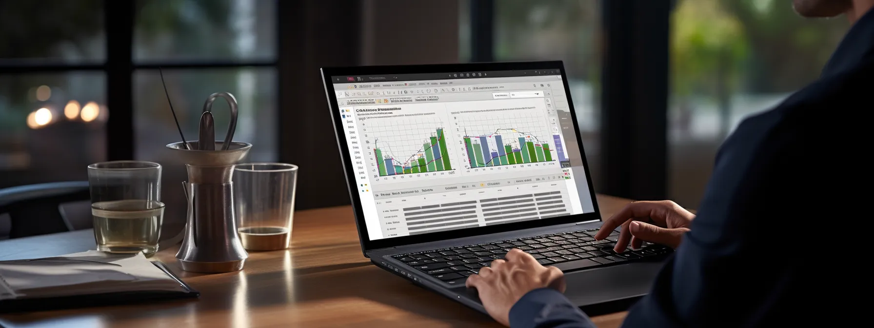 an individual typing on a laptop with various charts and graphs displayed on the screen.