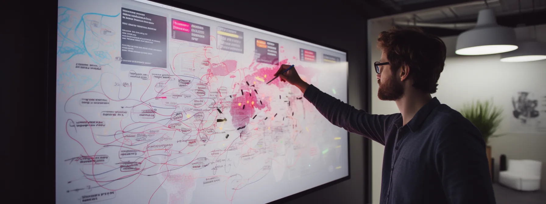 a person organizing keywords into clusters on a whiteboard.