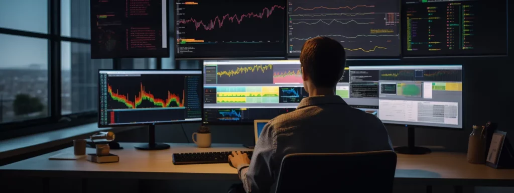 a person sitting at a desk with multiple screens displaying various seo tools and charts.