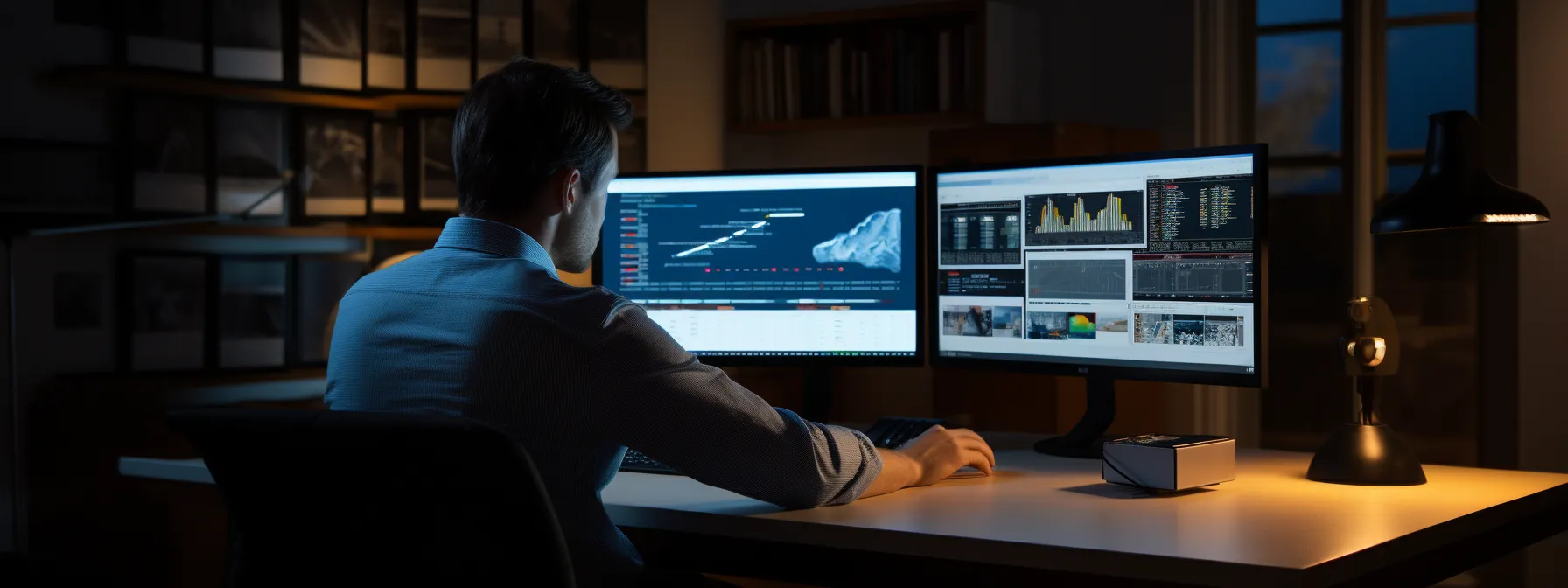 a person sitting at a computer desk, studying advanced seo strategies on the seotheory platform.