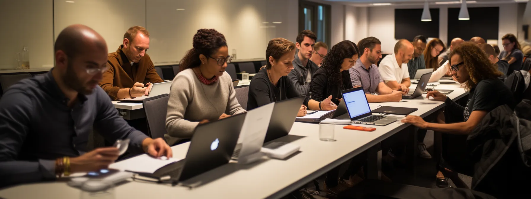 a group of students attentively listening and taking notes during an advanced seo training course taught by manick bhan.