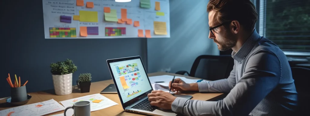 a person sitting at a desk with a laptop open, surrounded by post-it notes and a whiteboard with keywords and charts.