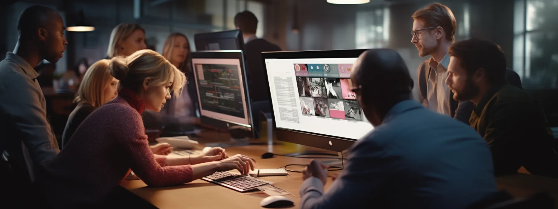 a group of marketers gathered around a computer screen, engrossed in a practical keyword research demonstration.